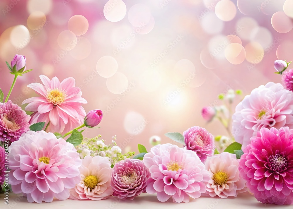Delicate Pink Floral Border, Bokeh Background, Spring Flowers, White, Soft Focus Delicate Pink Floral Border, Bokeh Background, Spring Flowers, White, Soft Focus