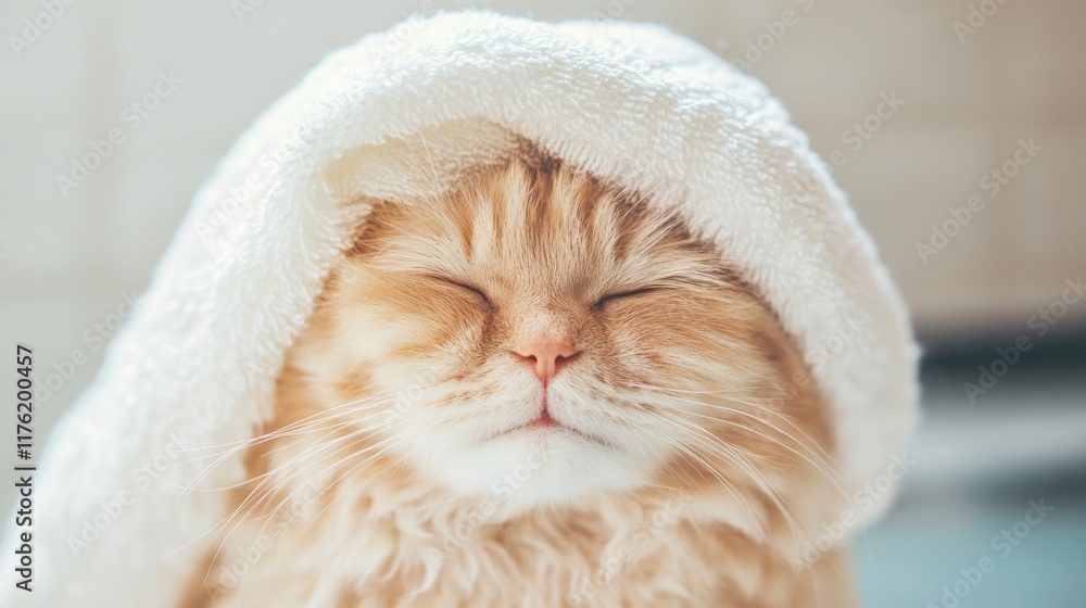 A fluffy cat relaxes during a professional skin treatment, covered in a warm towel at a tranquil beauty spa A fluffy cat relaxes during a professional skin treatment, covered in a warm towel at a tranquil beauty spa