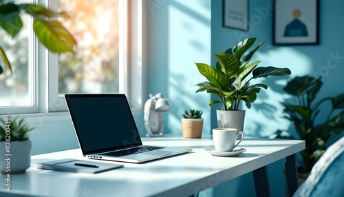 Wallpaper Mural Serene Home Office: Laptop, Plants, and Sunlight in Minimalist Style Torontodigital.ca