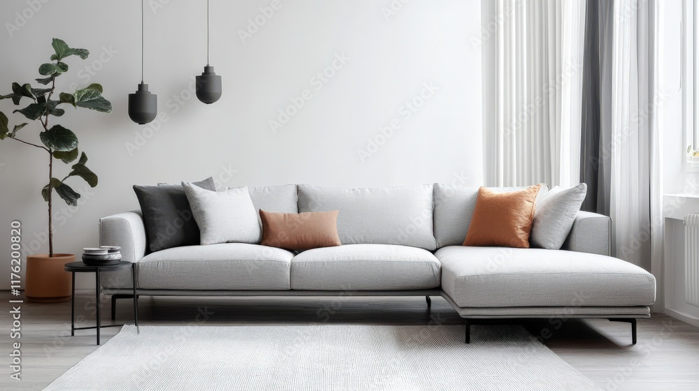 A large gray sectional sofa is the main focus of the image A large gray sectional sofa is the main focus of the image