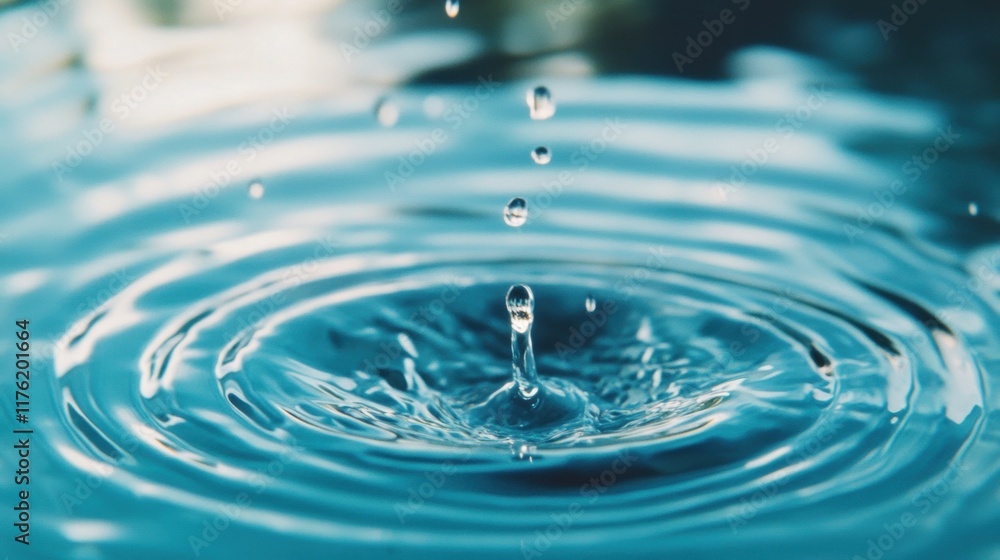 A water droplet splashes down on a calm surface, generating expanding ripples in a bright, tranquil setting A water droplet splashes down on a calm surface, generating expanding ripples in a bright, tranquil setting