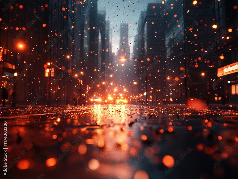 Fototapeta premium A moody urban scene with glowing lights and reflections on a wet street, creating an atmospheric ambiance.