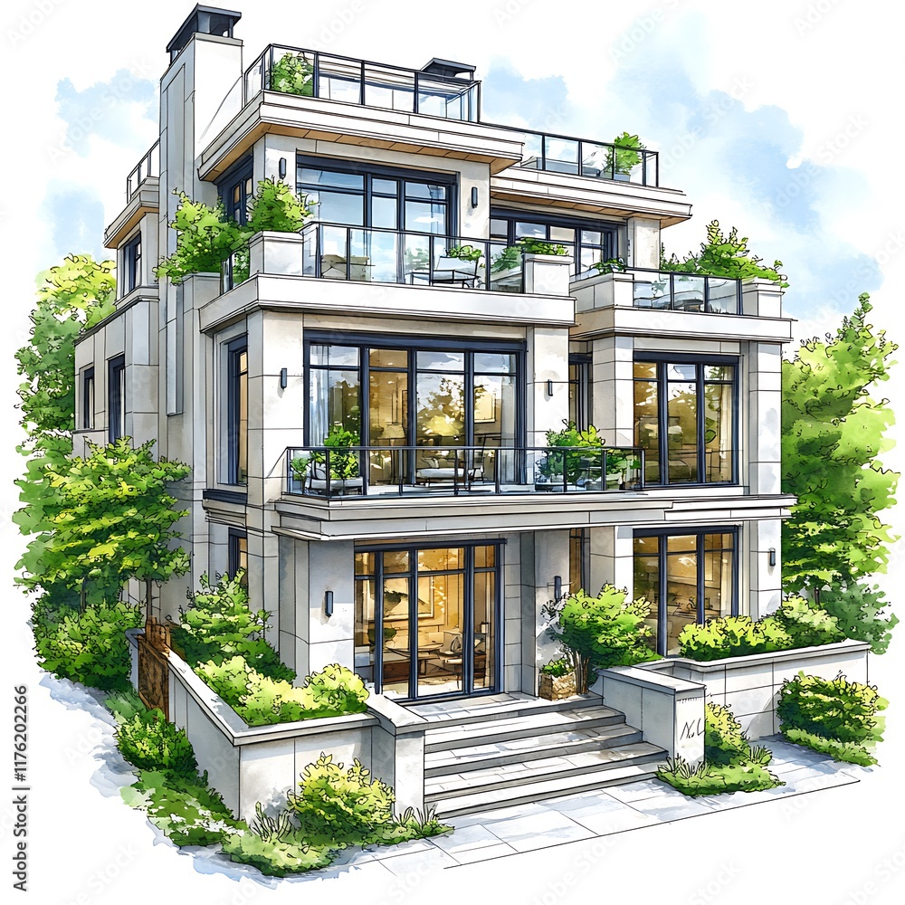 Fototapeta premium Architectural rendering of a modern three-story house with balconies and lush landscaping.