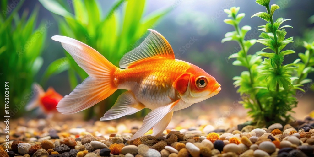 A single goldfish swims gracefully through a serene underwater landscape, its vibrant scales shimmering against a backdrop of verdant aquatic plants and smooth river stones. A single goldfish swims gracefully through a serene underwater landscape, its vibrant scales shimmering against a backdrop of verdant aquatic plants and smooth river stones.