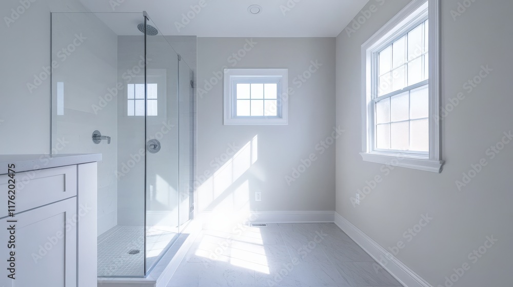Fototapeta premium A bathroom with a glass shower stall and a window