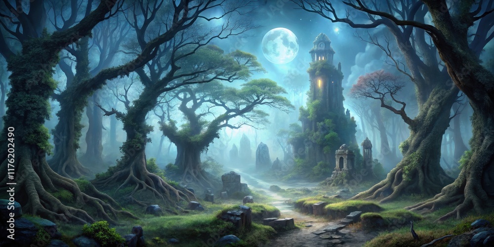 A misty moonlit path winds through an ancient forest towards a forgotten tower, its weathered stones overgrown with emerald vines, a silent testament to a forgotten era. A misty moonlit path winds through an ancient forest towards a forgotten tower, its weathered stones overgrown with emerald vines, a silent testament to a forgotten era.