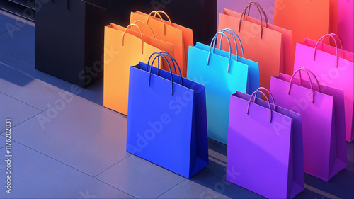 Colorful gradient shopping bags arrangement, Modern retail marketing concept
