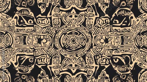 Intricate Mayan-Inspired Abstract Pattern: A Kaleidoscope of Beige and Black