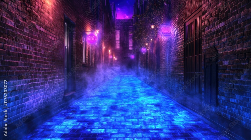 Vibrant Mystical Alleyway at Night with Neon Lights and Fog Creating an Enigmatic Atmosphere Perfect for Urban Fantasy and Night Scene Imagery Vibrant Mystical Alleyway at Night with Neon Lights and Fog Creating an Enigmatic Atmosphere Perfect for Urban Fantasy and Night Scene Imagery