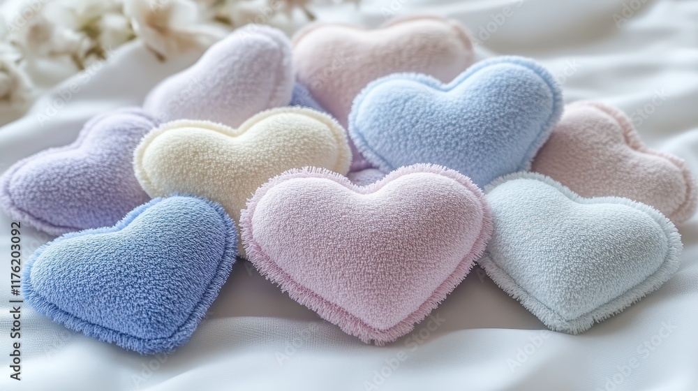 Fototapeta premium Soft fabric hearts in pastel colors arranged in a pile with open space for text close up adorable theme whimsical overlay nursery backdrop