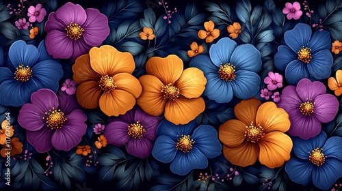 Wallpaper Mural Vibrant floral arrangement with purple, orange, and blue flowers on dark background. Torontodigital.ca