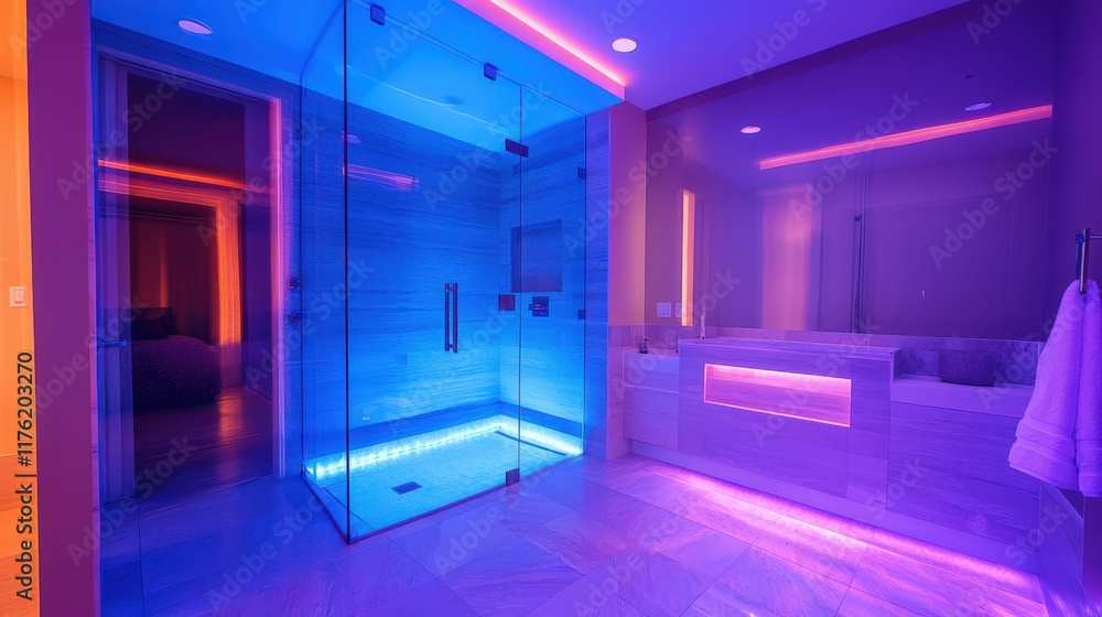 A bathroom with a blue shower and a pink tub A bathroom with a blue shower and a pink tub