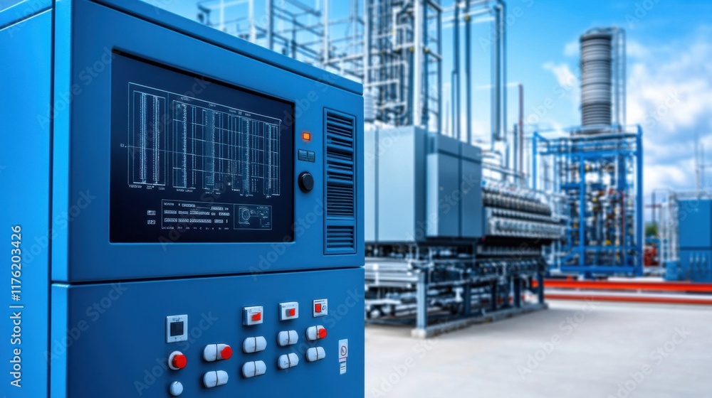 Fototapeta premium Blue Industrial Control Panel in a Modern Power Plant with Equipment and Infrastructure in the Background