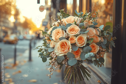 Wallpaper Mural Elegant bouquet of pastel roses and greenery on an urban surface with a softly blurred street background, perfect for romantic, wedding, or lifestyle designs Torontodigital.ca