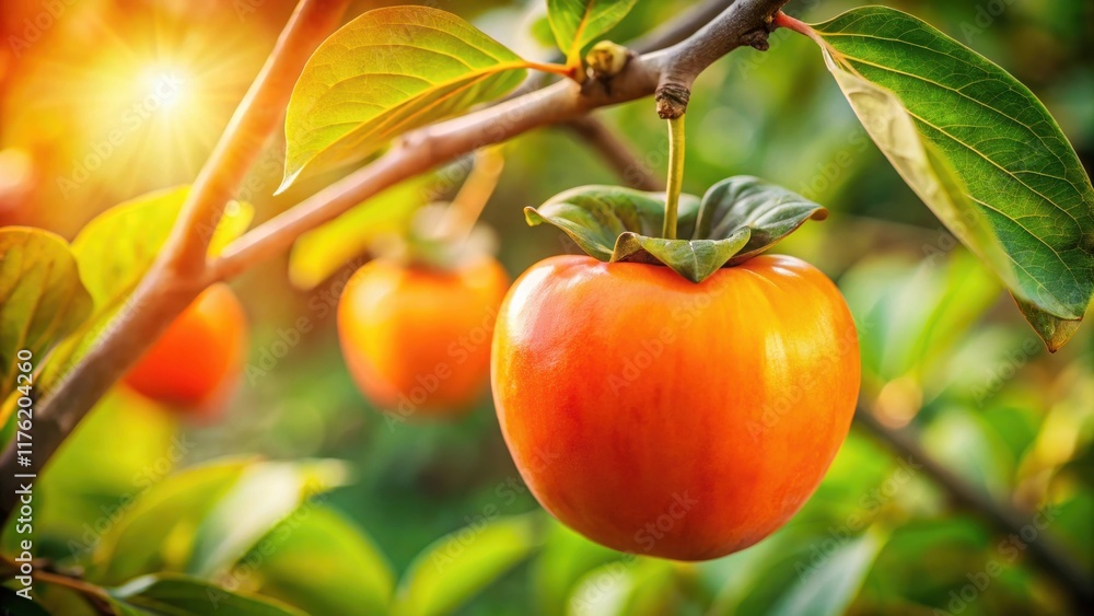 A Single Persimmon Fruit Hanging from a Branch, Bathed in the Warm Glow of the Setting Sun A Single Persimmon Fruit Hanging from a Branch, Bathed in the Warm Glow of the Setting Sun