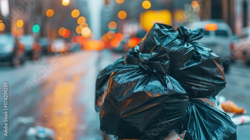 Bags of garbage are stacked carelessly along a congested city street, highlighting waste disposal issues and urban clutter during the evening photo