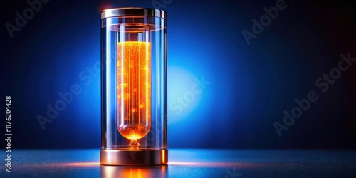 A glowing orange liquid contained within a transparent cylinder, a minimalist design element on a blue background.