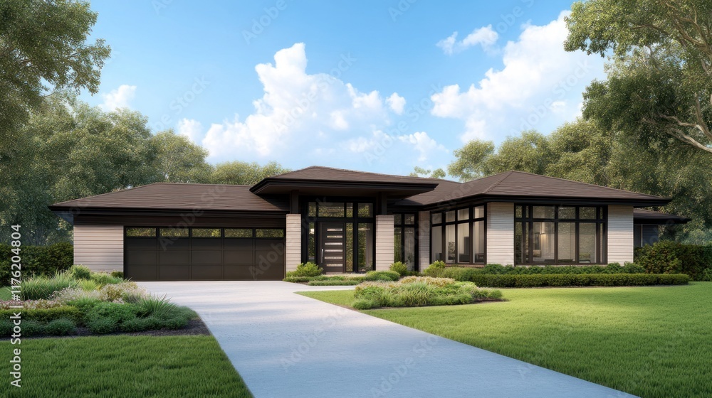Modern single-story home with landscaped yard and clear sky. Modern single-story home with landscaped yard and clear sky.
