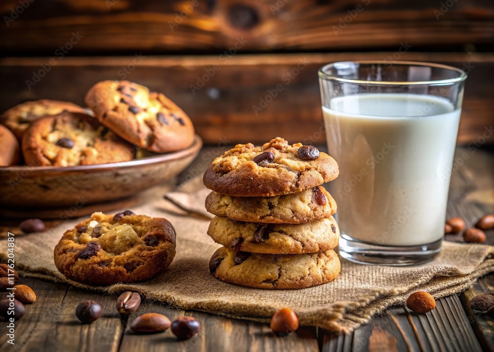 Delicious Homemade Nut & Chocolate Chip Cookies with Milk - Breakfast Panoramic Delicious Homemade Nut & Chocolate Chip Cookies with Milk - Breakfast Panoramic