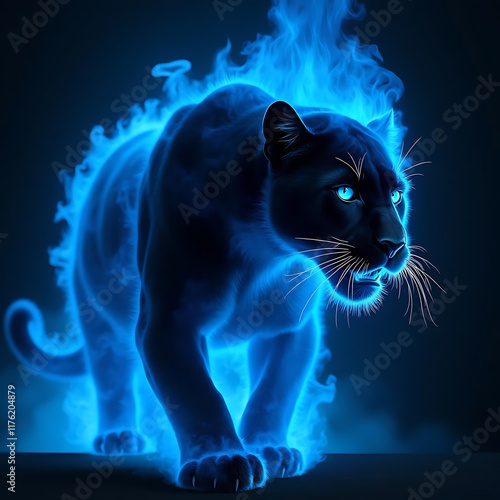 Mesmerizing Blue Flame Panther: An Artistic Representation of Power and Grace in Digital Art photo