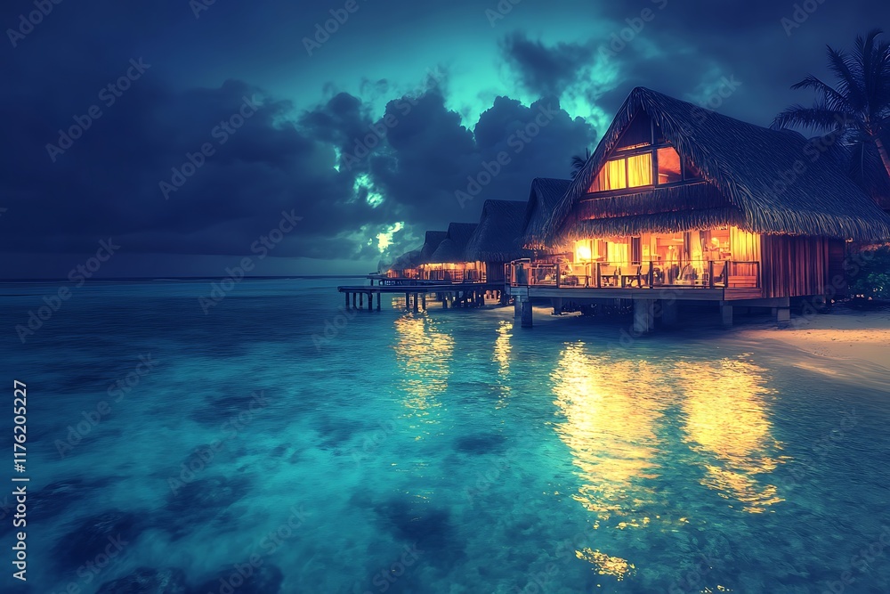 Fototapeta premium Illuminated bungalows create a magical atmosphere on the tranquil waters of bora bora at night