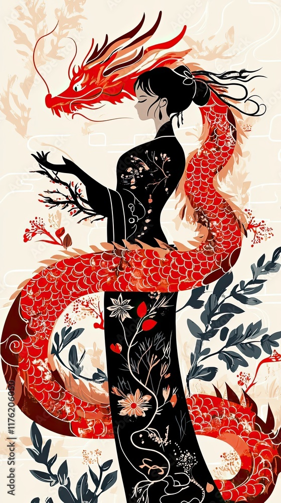 Obraz premium Woman and Dragon Artistic Fusion in Red and Black