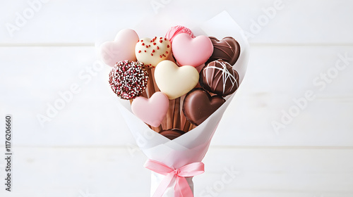 Delightful candy bouquet featuring heart shaped chocolate in various colors and designs, perfect for celebrations and gifts