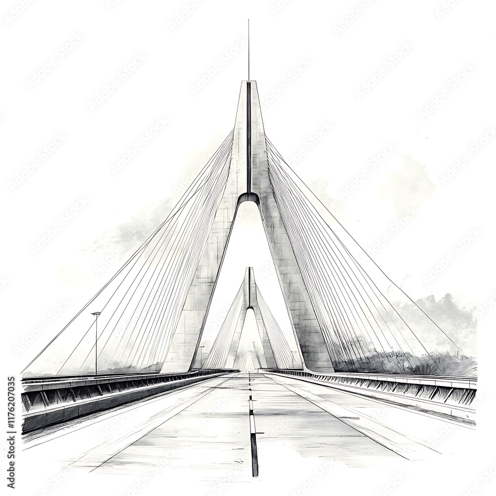 Fototapeta premium A stylized pencil sketch of a modern cable-stayed bridge extending to the horizon.