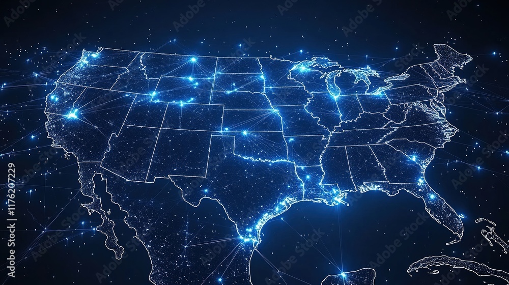A digital map of the United States with glowing connections representing networks and data flow. A digital map of the United States with glowing connections representing networks and data flow.