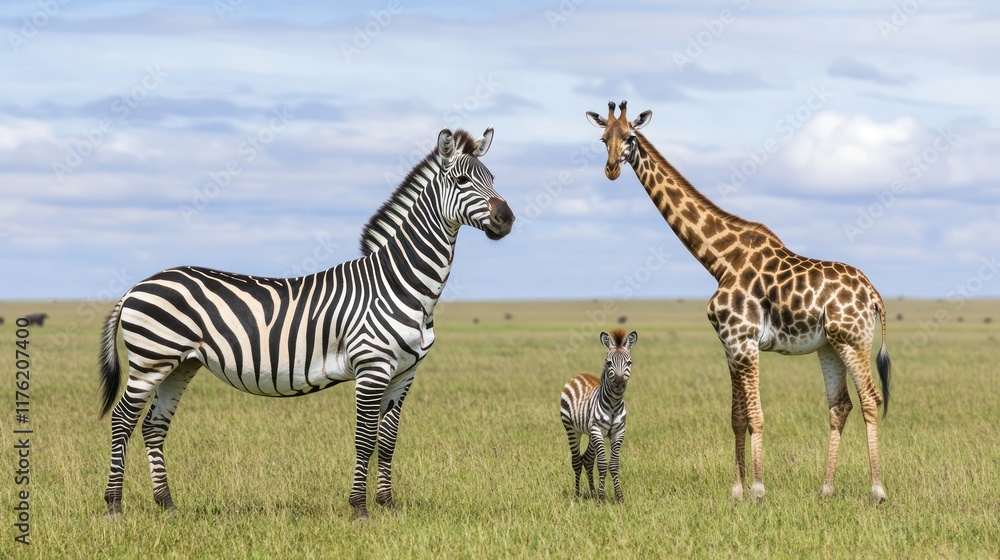 Obraz premium Zebras and a giraffe in a grassy savanna landscape.