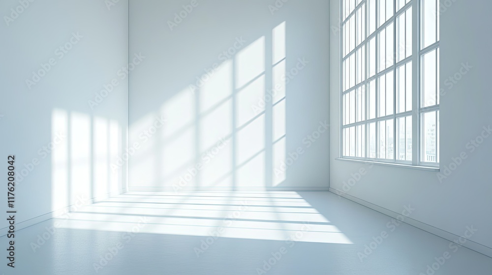 Obraz premium Bright and Airy Minimalist Interior Space with Large Windows Illuminating a White Room Creating an Inviting and Serene Atmosphere