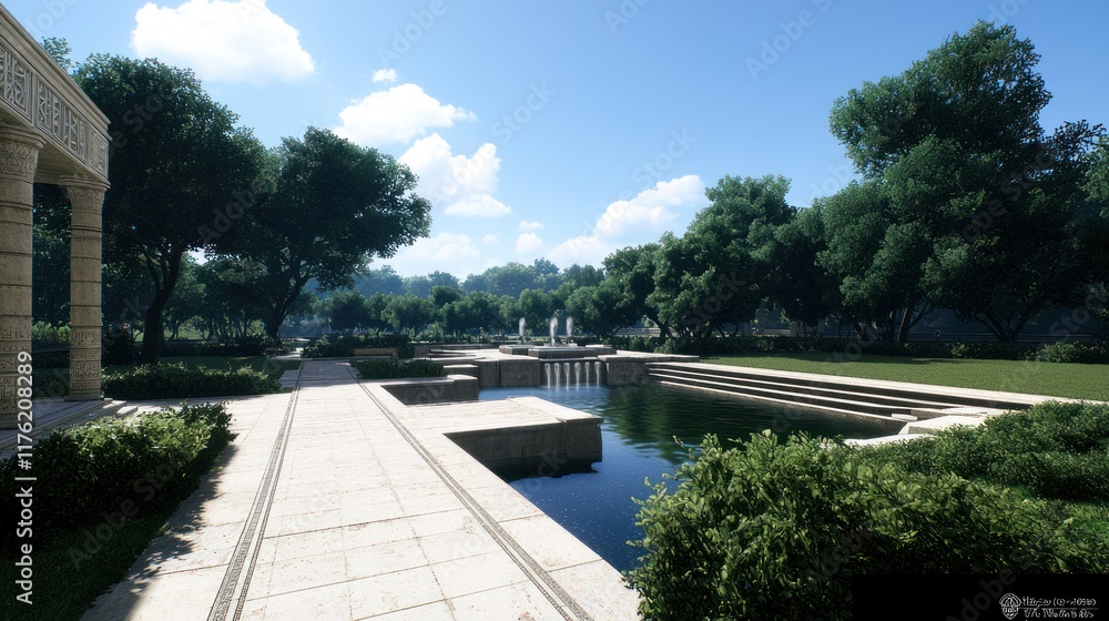 Serene park with water features and lush greenery under blue skies. Serene park with water features and lush greenery under blue skies.
