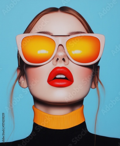 Wallpaper Mural Stylized portrait of a woman wearing oversized orange sunglasses and bright red lipstick, set against a vibrant blue background Torontodigital.ca
