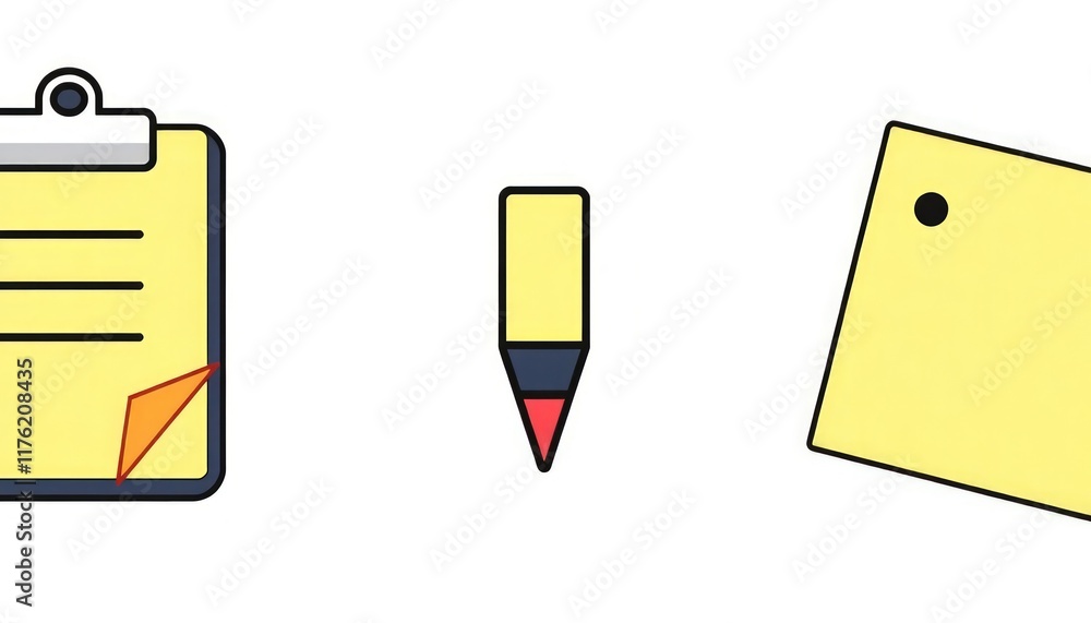 Stationery Tools Icon Set. Detailed icons of a clipboard, marker, and sticky notes. Stationery Tools Icon Set. Detailed icons of a clipboard, marker, and sticky notes.