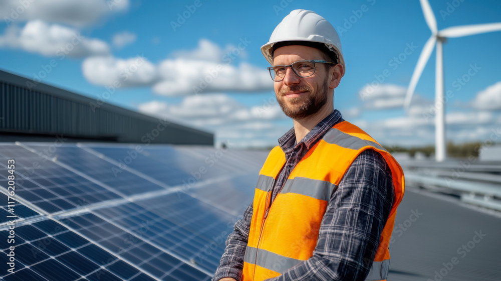 solar panel on factory roof with wind turbine and blue sky background solar panel on factory roof with wind turbine and blue sky background