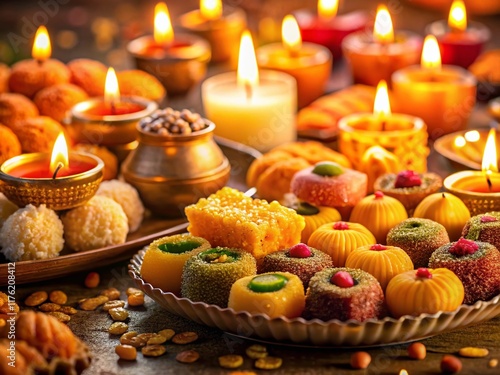 Diwali & Vesak Festive Sweets with Burning Candles, Close-up photo