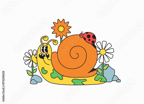 Cute snail with a ladybug cartoon character and flowers in nature with blank background hand drawn illustration