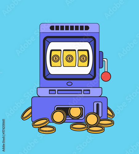 Classic slot machine overflowing with coins in a vibrant setting perfect for casino, gambling promotion cartoon illustration