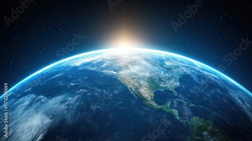 Earth viewed from space with a sunrise on the horizon.