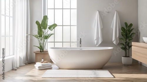 Wallpaper Mural A bathroom with a white bathtub and a potted plant Torontodigital.ca