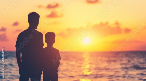 Father and son stand side by side near the shoreline, watching the sun set over the ocean, deepening their bond amid the serene beauty photo