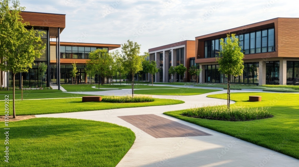 Modern Office Complex with Green Landscaping, Clear Sky and Walkways for Innovative Business Environment Modern Office Complex with Green Landscaping, Clear Sky and Walkways for Innovative Business Environment