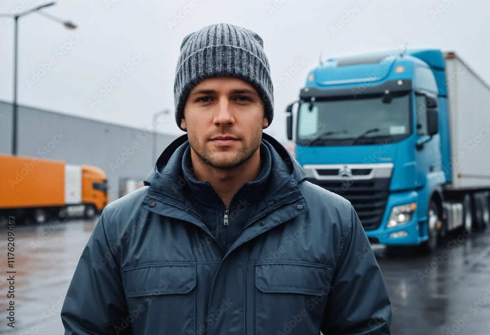 Confident american truck driver on rainy day Confident american truck driver on rainy day