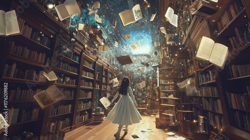 A Girl in a Whimsical Library: A Journey Through Literary Worlds photo