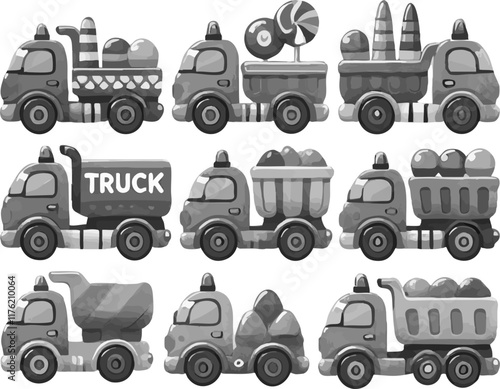 A playful collection of cartoon trucks designed for children's fun and learning.