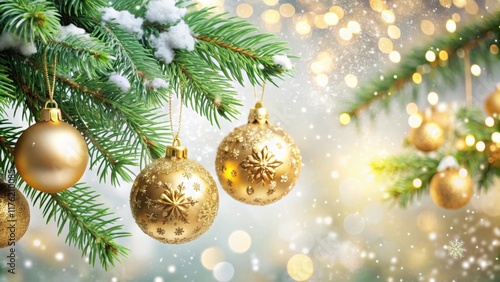 Decorative Christmas ornaments on a beautifully arranged fir branch with golden ornaments and sparkling snowflakes surrounding the tree , festive, weihnachtskugeln photo