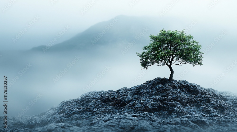 Solitary tree on misty mountaintop. Solitary tree on misty mountaintop.