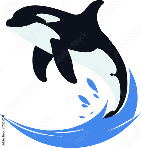 A dynamic and sleek illustration of an orca whale leaping out of the water.