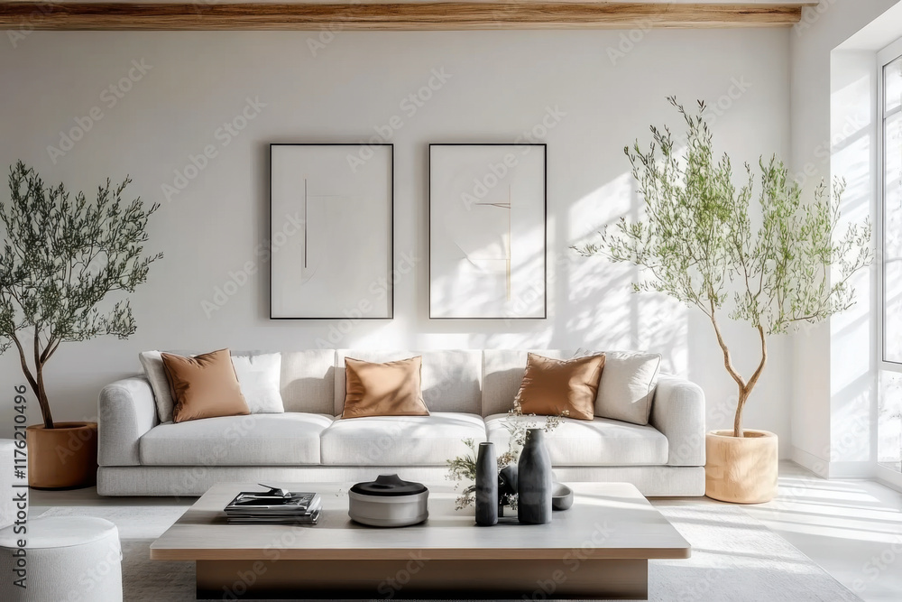Rustic interior design of modern and nordic living room with grey sofa Rustic interior design of modern and nordic living room with grey sofa