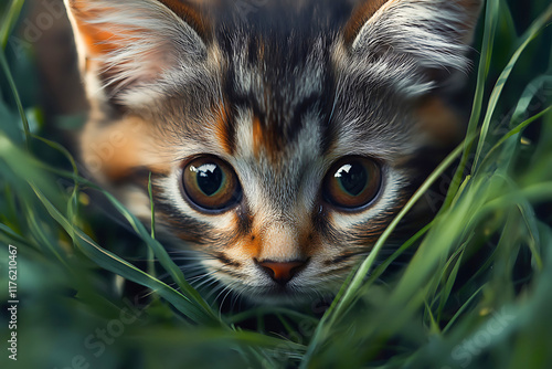 Close-up of a cute kitten hiding in the grass, creating a heartwarming scene of feline curiosity and playfulness photo